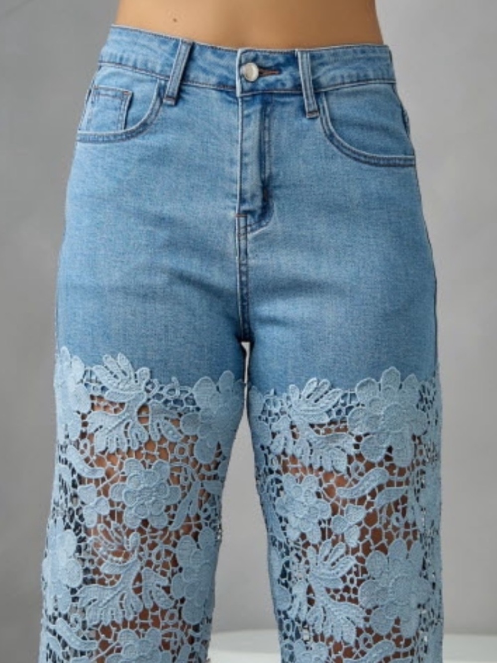 Light Blue Floral Lace Wide-Leg Women's Jeans - Picture 2 of 3